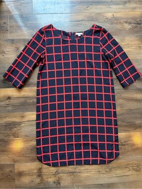 Gap Windowpane Grid Shift Dress Red Black 3/4 Sleeve Preppy XS